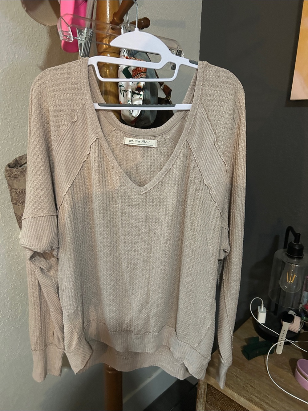 We The Free Waffle Knit V-Neck Sweater - Beige *oversized*